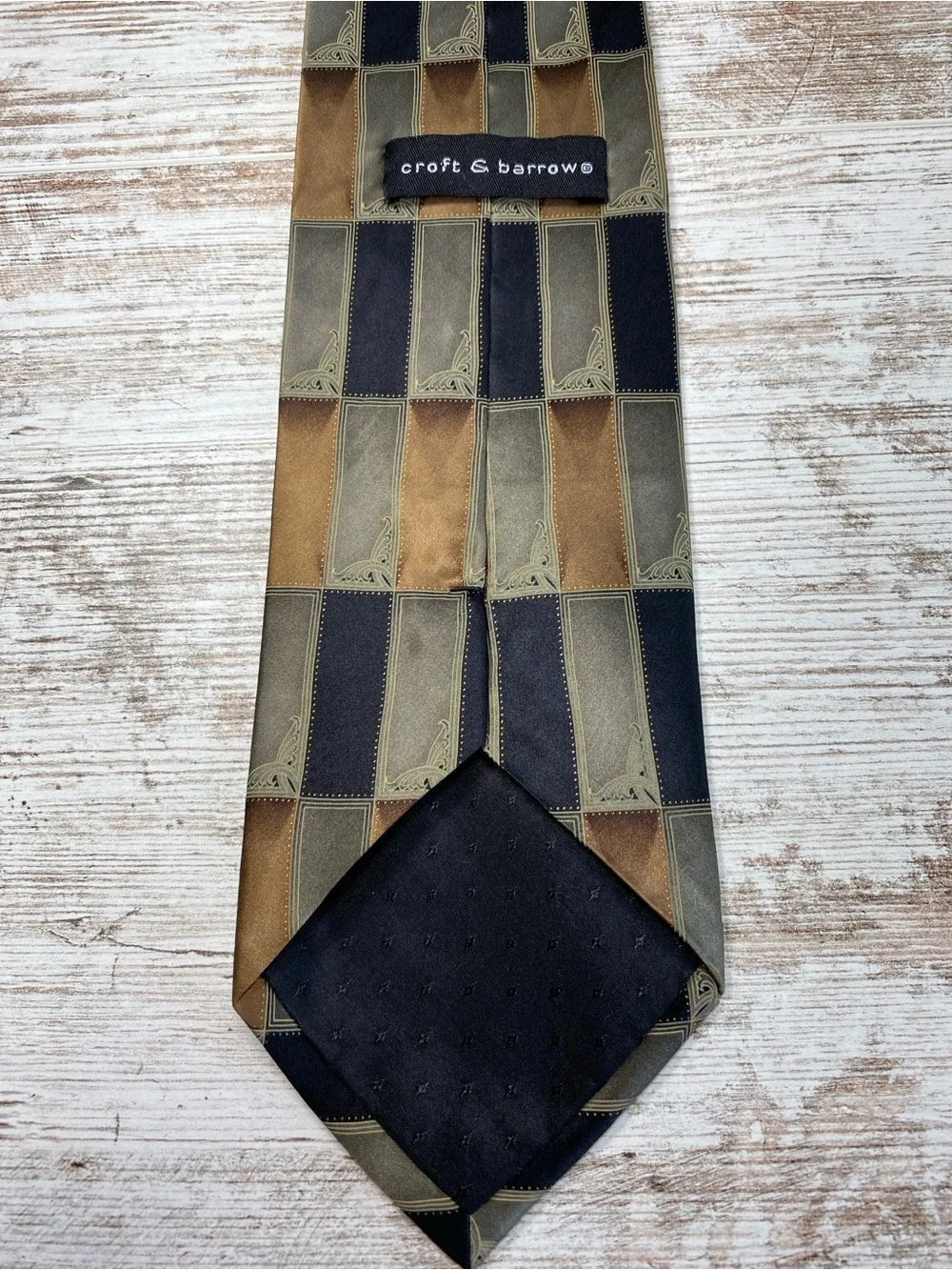 Croft & Barrow Silk Necktie Brown Black Geometric Square Pattern Wide Tie 59x4